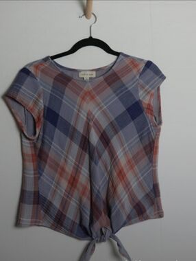 Anthropologie Plaid Tie-Front Cap Sleeve Top in Lavender and Coral